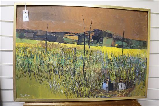 Peter Oliver (1927-2006) Boat among reeds, oil on board, signed, 61 x 89cm.